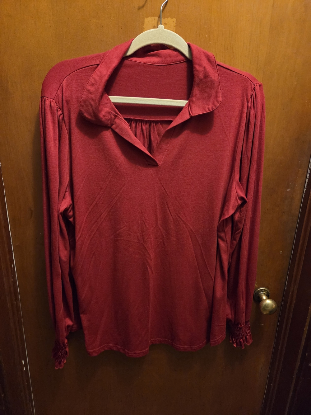 Relaxed Collared Long Sleeve Top in Deep Red Ruffled Sleeves By Micoson